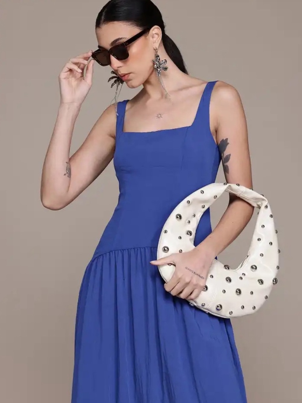 Mango Cobalt Square-Neck Midi Dress in Royal Blue